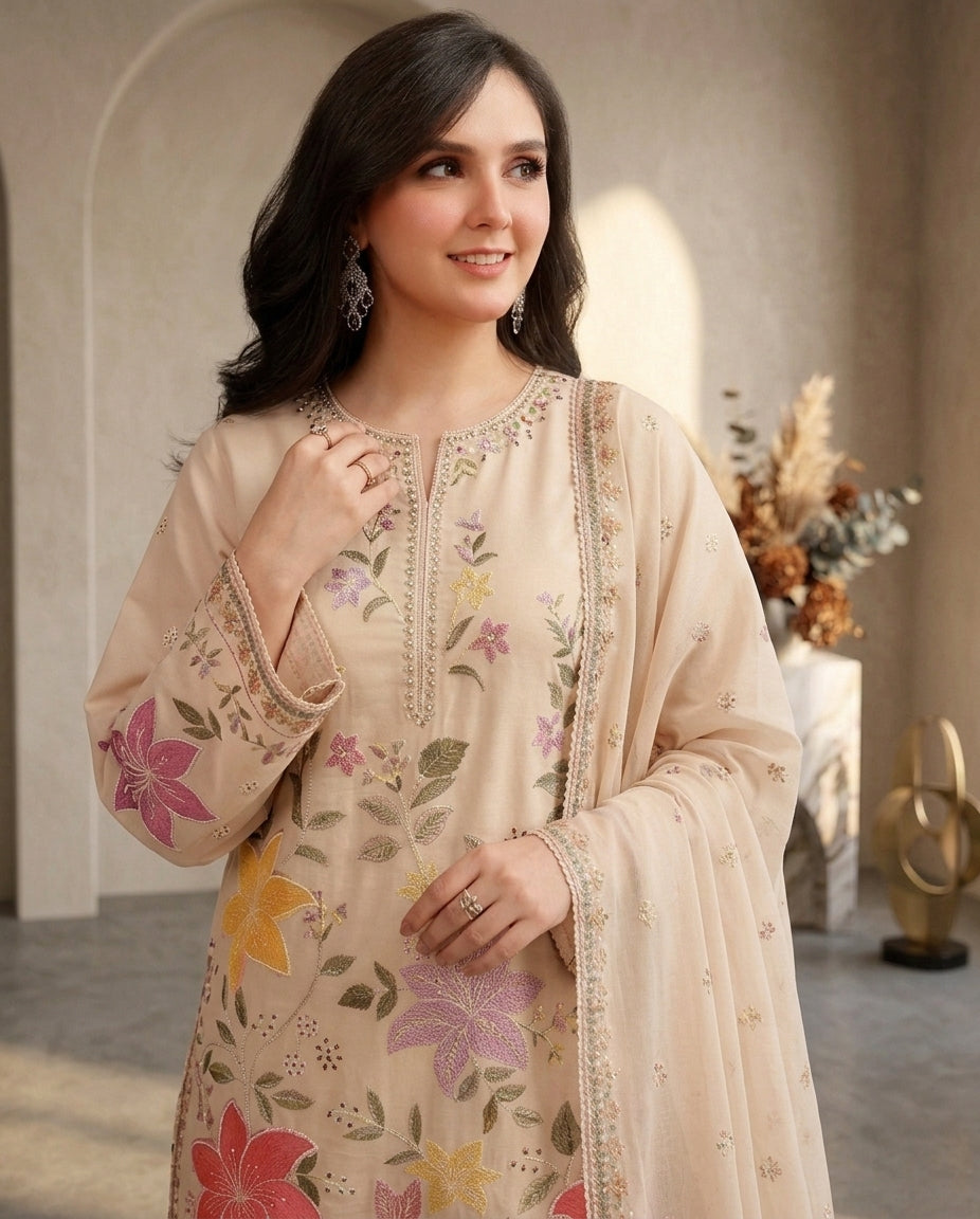 Dhanak Embroidered 3Pc Suit | IC-1007