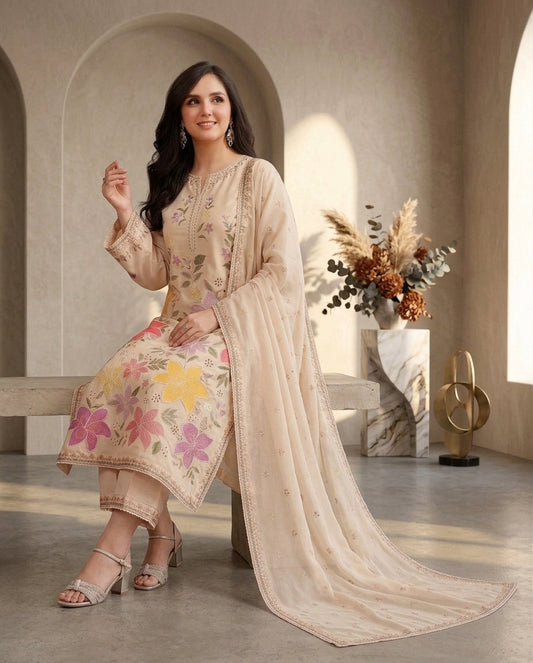 Dhanak Embroidered 3Pc Suit | IC-1007