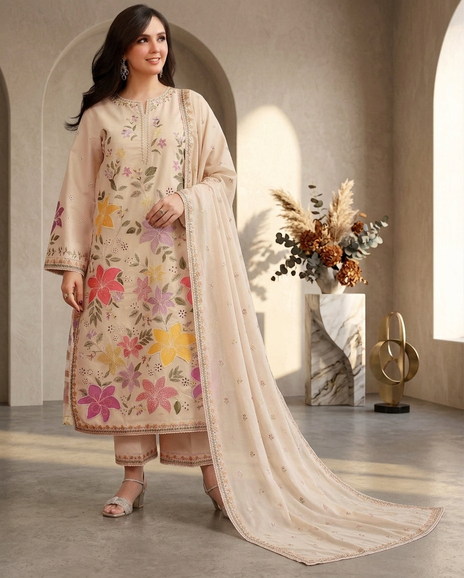 Dhanak Embroidered 3Pc Suit | IC-1007