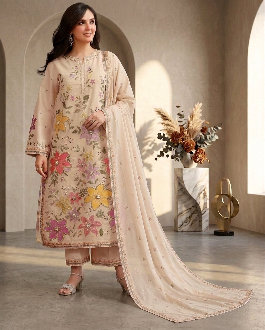 Dhanak Embroidered 3Pc Suit | IC-1007