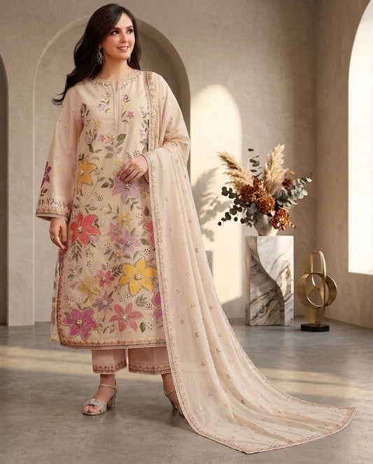 Dhanak Embroidered 3Pc Suit | IC-1007