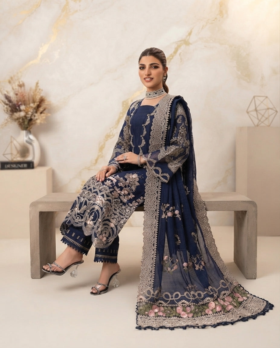 Dhanak Embroidered 3Pc Suit | IC-1006